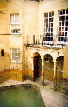 The Kings Bath, seen from the Pump Room.  It's 46 degrees down there.  Look at the staining on the walls - the Medieval water level, as opposed to the current, Roman level.